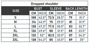 Size guide for women's hooded jacket with bust, sleeve and back length measurements