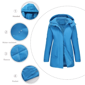 Women's outdoor waterproof jacket with blue fleece lining and detailed hood view