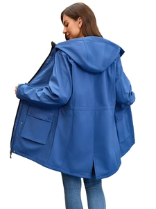 Detail view of royal blue hooded rain jacket featuring snap pockets and split hem design