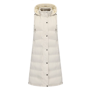 Detail view of cream hooded puffer vest featuring button closure and quilted texture