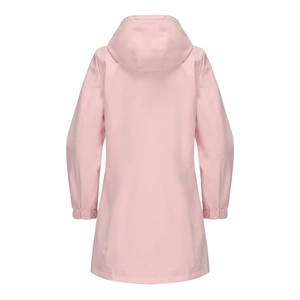 Rückansicht der rosa Windjacke mit Kapuze, wasserfestem Stoff und elastischen Bündchen