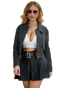 Women's classic black matte leather biker jacket with lapels and zipper closure