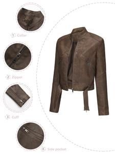 Dunkelbraune Damen-Bikerjacke aus mattem PU-Leder mit Gürtel und Reißverschluss-Details