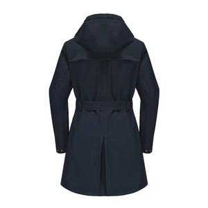 Rear view of navy blue hooded windbreaker showing waist drawstring and back slit detail