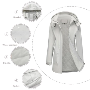 Detail view of water-resistant hooded parka showing fleece lining and pocket details