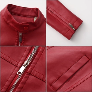 Detailed views of red faux leather jacket featuring stand collar, zippers, and stitching