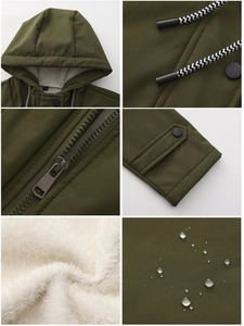 Detail view of army green hooded jacket showing waterproof fabric and fleece lining