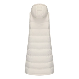 Back view of a long hooded quilted vest in cream white with horizontal stitching detail