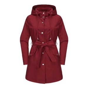 Detail of burgundy waterproof hooded windbreaker with adjustable waist belt and flap pockets