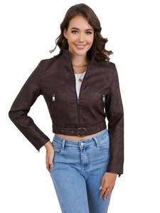 Kurze dunkelbraune Bikerjacke aus Kunstleder mit Gürtel und Reißverschlusstaschen