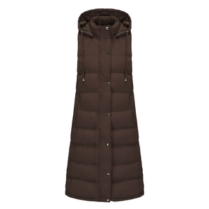 Detail of hooded long quilted vest with adjustable drawstrings and zip-up metal buttons