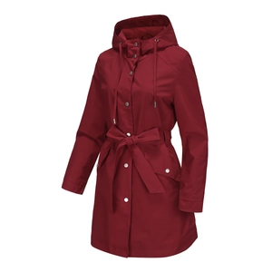 Detail of hooded burgundy waterproof trench coat with silver buttons and waist belt