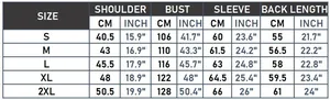 Detailed size guide table for women hooded jacket showing shoulder and chest measurements