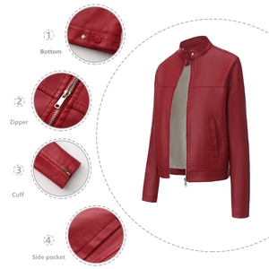 Detail view of red faux leather jacket featuring stand collar and metal zipper pockets