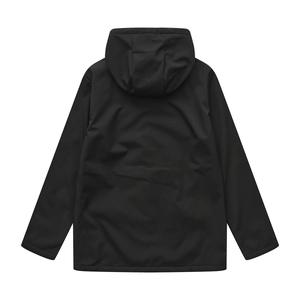 Women's black hooded windbreaker jacket with water-resistant fabric shown from back view