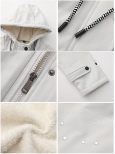Detail grid of waterproof white hooded coat with fleece lining and adjustable drawstring