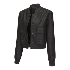 Detailed view of black cropped bomber jacket featuring ribbed collar and snap button closure