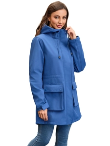Detailed view of women's royal blue hooded rain jacket with waterproof softshell fabric