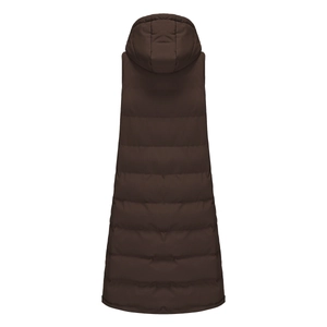 Back view of women's long hooded quilted puffer vest in chocolate brown color