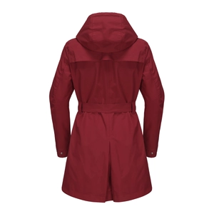 Rear view of dark red hooded trench coat showing storm flap and adjustable waist belt