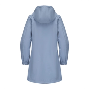 Rückansicht des graublauen wasserdichten Windbreakers mit Kapuze und Ärmelbündchen