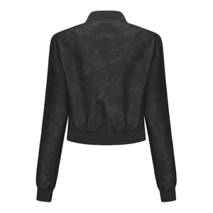 Back view of black faux leather jacket featuring ribbed collar and hem detail