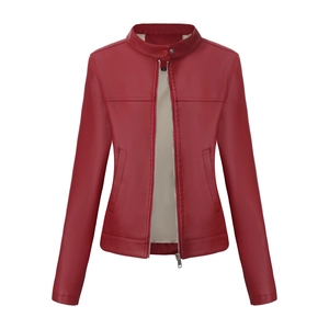Detailed view of dark red faux leather jacket with stand collar and metallic zippers