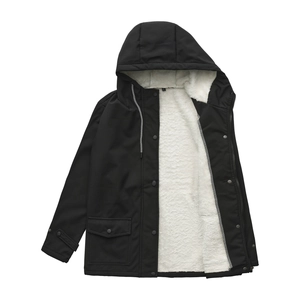 Women's black hooded windbreaker with warm white fleece lining and waterproof fabric