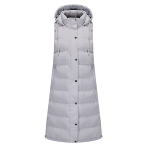 Detail of light grey long hooded quilted vest featuring snap buttons and drawstring hood