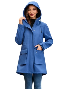 Detail of blue waterproof hooded rain jacket with adjustable drawstring and flap pockets
