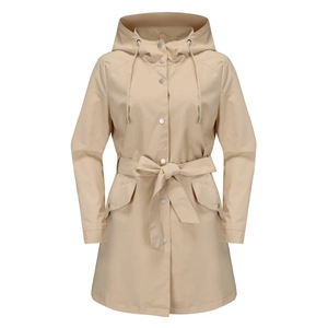 Detail view of khaki hooded windbreaker showing metal snap buttons and adjustable drawstrings