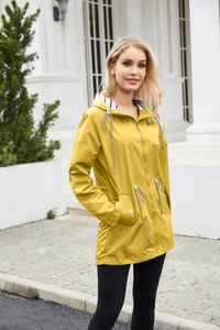 Close-up of the adjustable drawstring hood and striped lining of a yellow raincoat