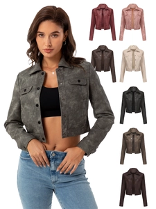 Women Faux Leather Cropped Jacket Lapel Single Breasted PU Faux Suede Coat With Flap Pockets Vintage Streetwear Casual Short Outerwear