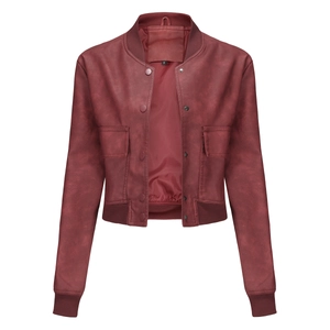 Macro shot of rib-knit collar and metal snap buttons on burgundy faux leather jacket