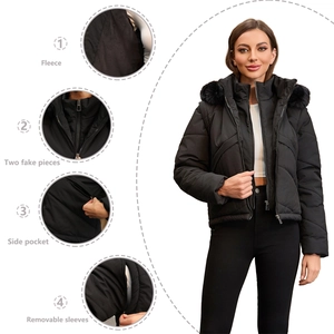 Detail of hooded padded jacket with removable sleeves and warm fleece lining