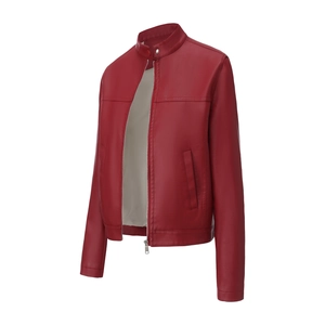 Detail of dark red faux leather jacket showing stand collar with snap button and zipper