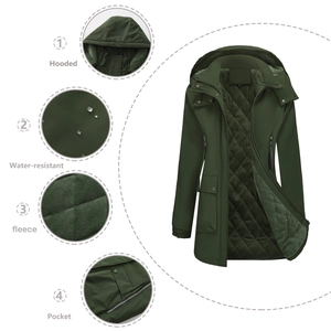 Detail view of green hooded waterproof jacket with warm fleece lining and pockets