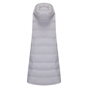 Rear view of long hooded quilted vest in light grey with horizontal stitching and sleek design