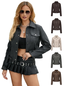 Women's Faux Leather Motorcycle Jacket Slim Fit Lapel Long Sleeve Multi Zipper PU Leather Outerwear Coat Punk Streetwear
