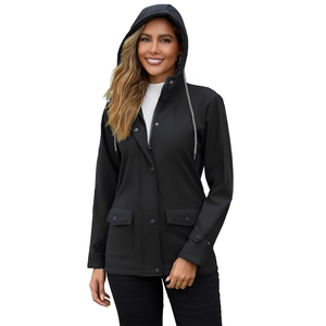 Women's black hooded windbreaker water-resistant jacket with drawstring and front pockets