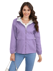 Women's casual purple hooded windbreaker jacket with ring zipper and white lining contrast