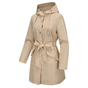 Detail of beige hooded trench coat with adjustable drawstring and metallic snap buttons