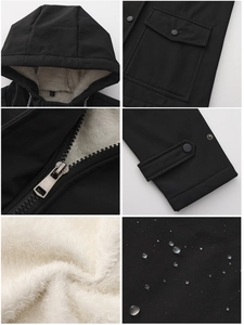 Detail view of water-resistant hooded jacket with warm fleece lining and adjustable cuffs