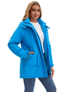 Front view of sky blue waterproof functional hiking jacket with hood and windproof zipper