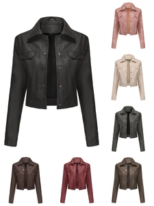 Women short faux leather jacket with lapel and pockets in multiple colors selection