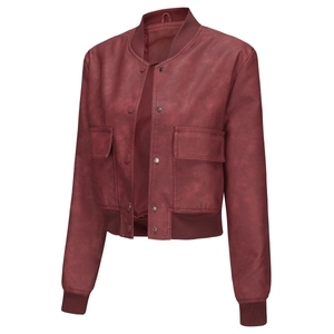 Detail of dark red bomber jacket showing ribbed collar, snap buttons and faux leather texture