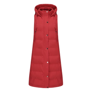 Detail of red quilted long vest featuring metal button closure and hooded drawstring neck