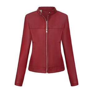 Detail of red slim-fit leather jacket featuring a stand collar with metal snap buttons