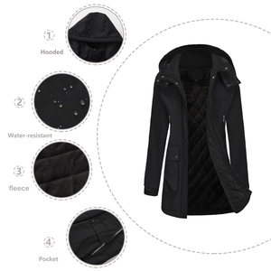 Detail view of water-resistant hooded jacket with warm fleece lining and pocket features