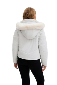 Rear view of hooded puffer jacket featuring a plush faux fur collar and V-shaped stitching